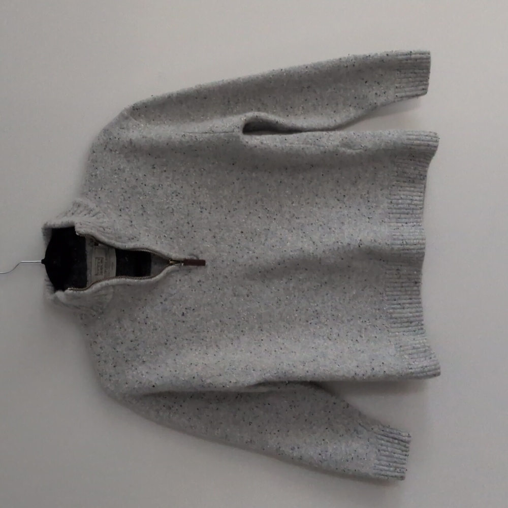Aran Wool Sweater Felted Mock Neck Quarter Zip Grey Flecked